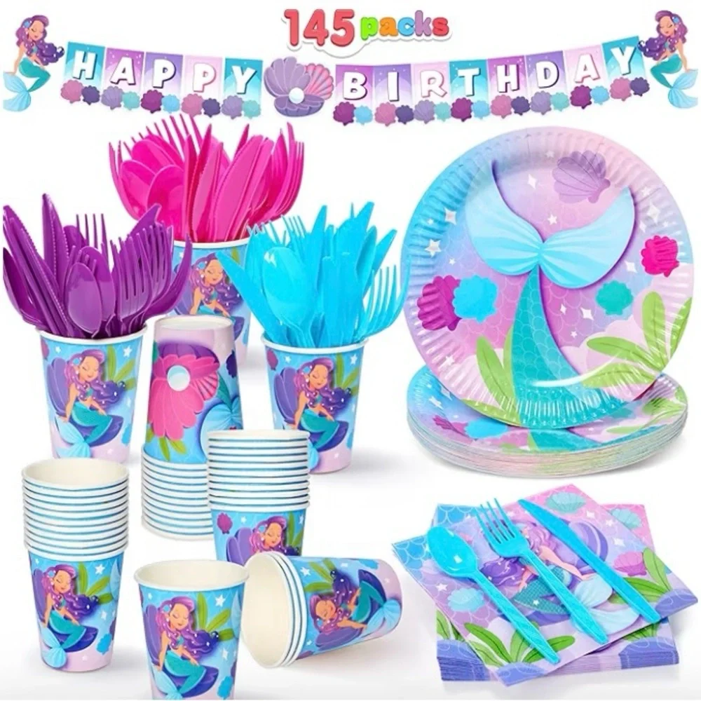 145 Pc Mermaid Birthday Party Supplies with Banner, 24 Serves Tableware Set, New